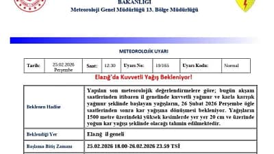 Meteoroloji Elazığ için kuvvetli yağmur ve yoğun kar uyarısı yaptı,