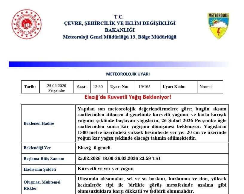 Elazığ için kuvvetli yağış ve kar uyarısı Meteoroloji Elazığ için kuvvetli yağmur ve yoğun kar uyarısı yaptı,